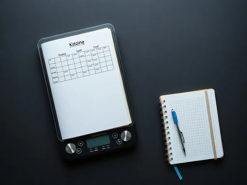 Professional digital kitchen scale and a notebook with medic