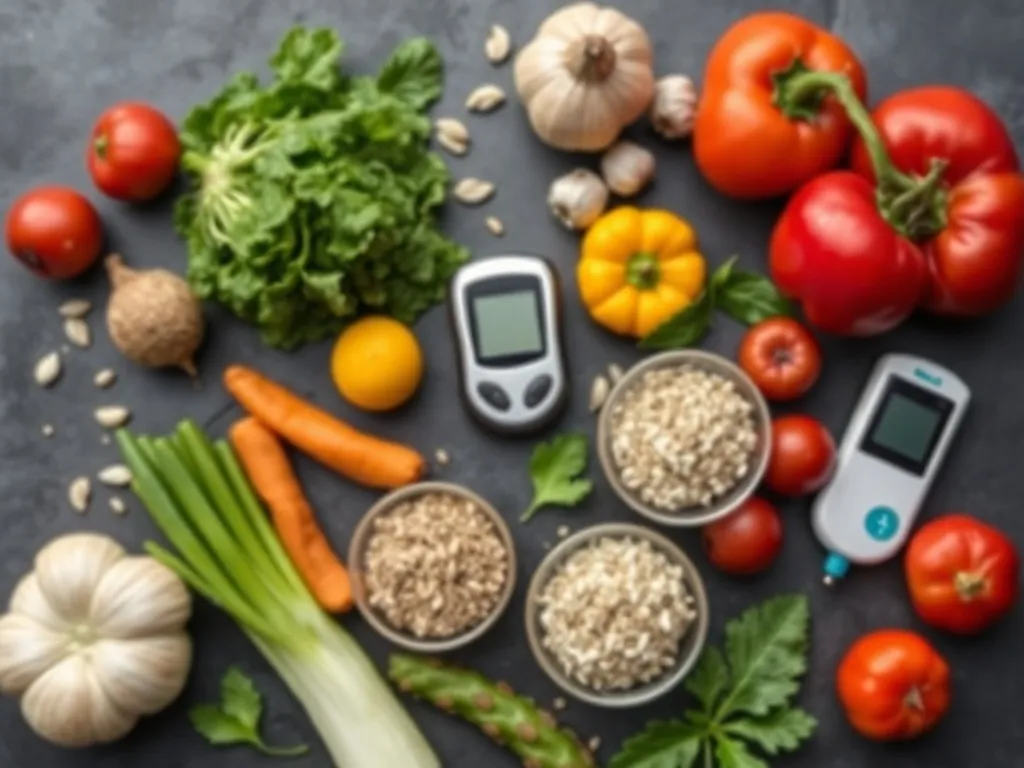 A professional flat lay of fresh vegetables, whole grains, a