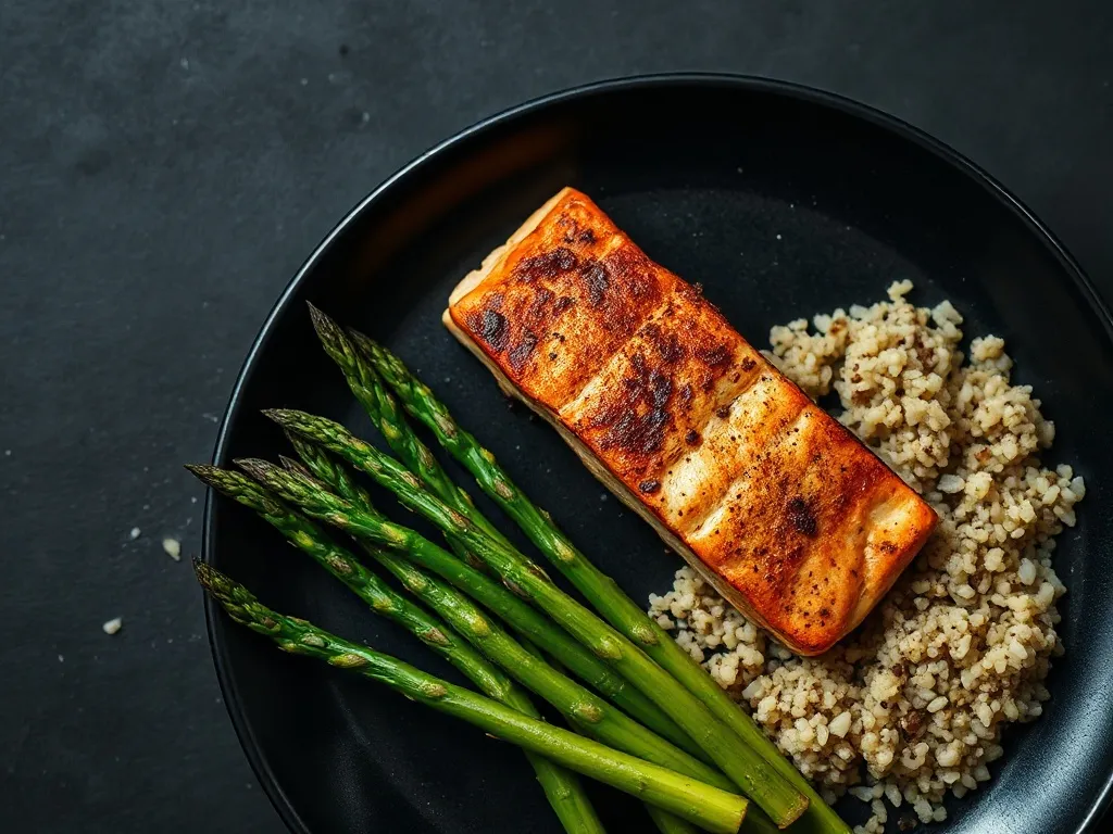 Top down view of a healthy diabetic lunch with grilled salmo